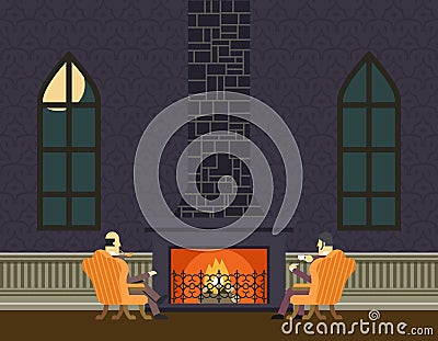 Gentlemen at Fireplace Evening Room Hall Vector Illustration