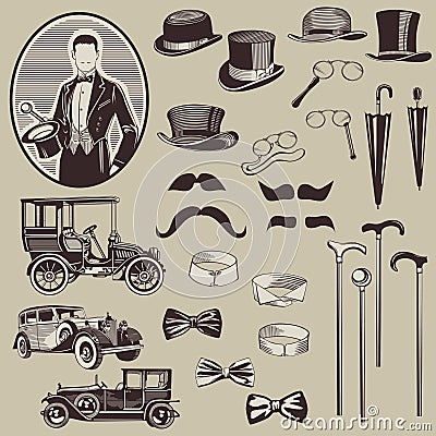 Gentlemen's Accessories and Old Cars Vector Illustration