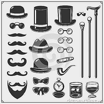 Gentlemen`s Club. Set of emblems, icons of accessories. Vector Illustration