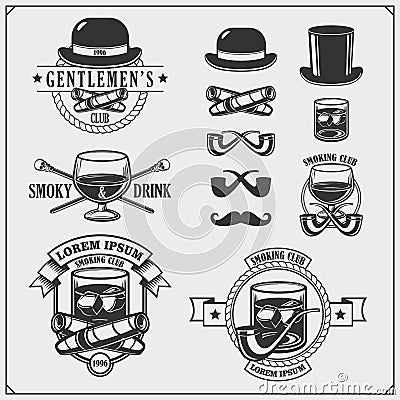 Gentlemen`s Club. Set of emblems, icons of accessories. Vector Illustration