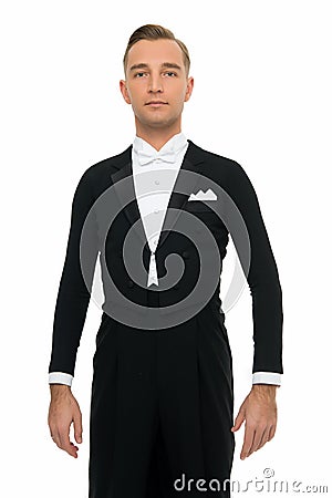 Gentlemens club. Man dancer ballroom dance look elegant. Dancer of ballroom dance. Gentleman well groomed dancer white Stock Photo