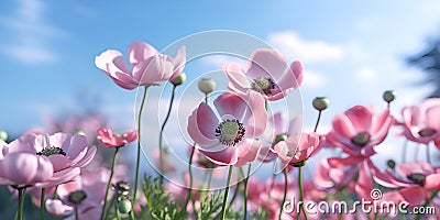 Gently pink flowers of anemones in field against blue sky Stock Photo