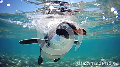 Gentoo penguin swimming marine life underwater ocean Penguin on surface and dive dip water - Pygoscelis papua Stock Photo