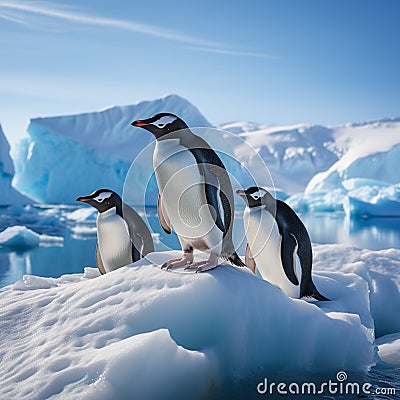 Gentoo penguins on iceberg in Antarctica, Chinstrap penguins nearby Stock Photo