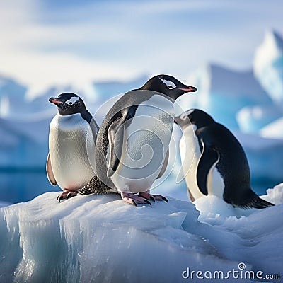 Gentoo penguins on iceberg in Antarctica, Chinstrap penguins nearby Stock Photo