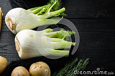 Genuine and fresh raw fennel, on black wooden table with space for text Stock Photo