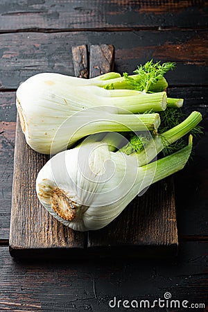 Genuine and fresh raw fennel, on old wooden table Stock Photo