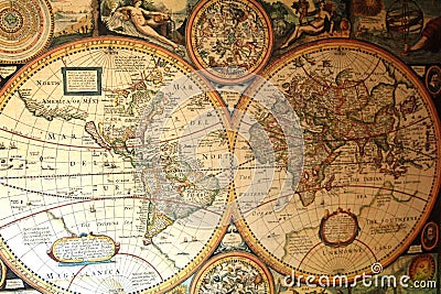 Old World Map in Hemispheres, a cartography collection seen in Puszykowo, Poland Editorial Stock Photo