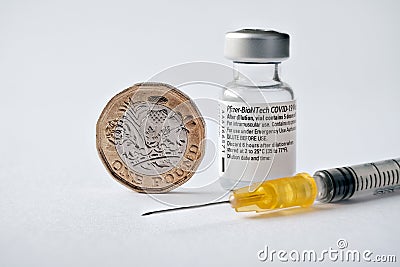 Genuine Pfizer BioNTech COVID-19 Vaccine vial, syringe and British one pound coin. Real vaccine photo. Editorial Stock Photo
