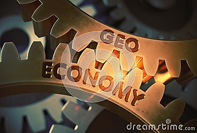 Geo Economy on the Golden Metallic Gears. 3D Illustration. Stock Photo