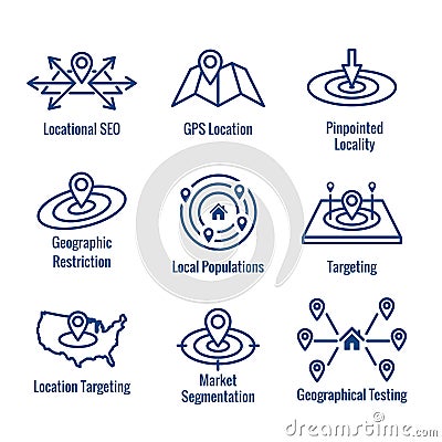 Geo Location Targeting - GPS Positioning and Geolocation Icon Set Vector Illustration