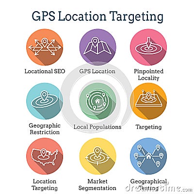Geo Location Targeting with GPS Positioning and Geolocation Icon Set Vector Illustration