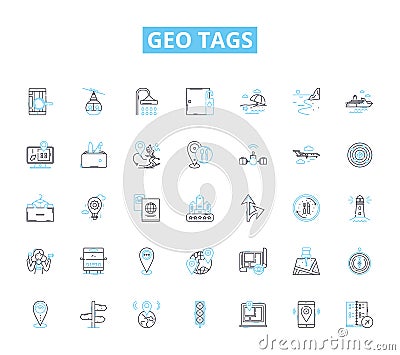 Geo tags linear icons set. Latitude, Longitude, Coordinates, Location, Maps, Finding, Direction line vector and concept Vector Illustration