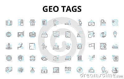 Geo tags linear icons set. Latitude, Longitude, Coordinates, Location, Maps, Finding, Direction vector symbols and line Vector Illustration