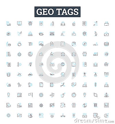 Geo tags vector line icons set. Geolocation, Geotagging, Geo-tags, Coordinates, GPS, Latitude, Longitude illustration Vector Illustration