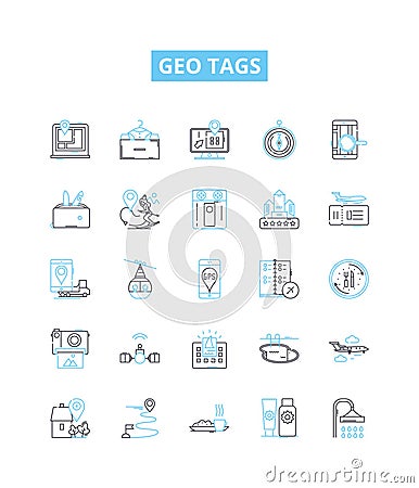 Geo tags vector line icons set. Geolocation, Geotagging, Geo-tags, Coordinates, GPS, Latitude, Longitude illustration Vector Illustration