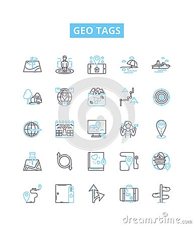 Geo tags vector line icons set. Geolocation, Geotagging, Geo-tags, Coordinates, GPS, Latitude, Longitude illustration Cartoon Illustration