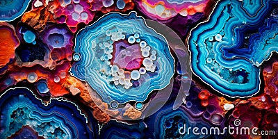 Geode inspired formation with complex colorful crystal formations on a rock background. Generative Ai Stock Photo
