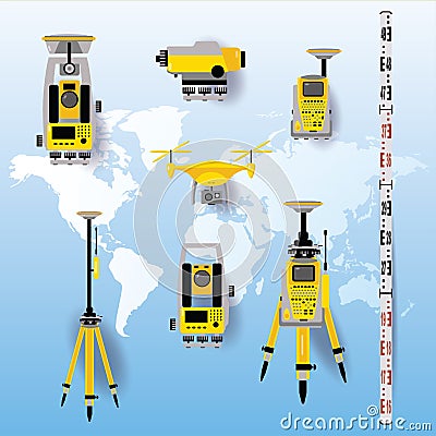 Geodesy equipment vector illustration. Measuring instruments in flat design. Theodolite, tacheometer, total station, drone, level Vector Illustration