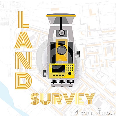 Geodesy measuring equipment, engineering technology for land survey and geodesy on city map background Vector Illustration