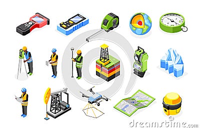 Geodesy Isometric Icon Set Vector Illustration