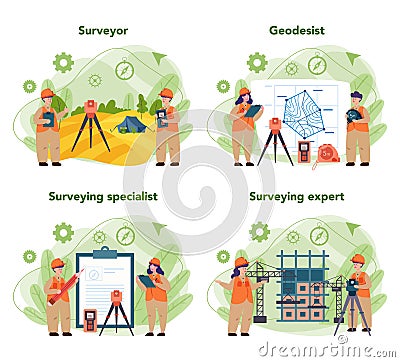 Geodesy science concept set. Land surveying technology. Engineering Vector Illustration