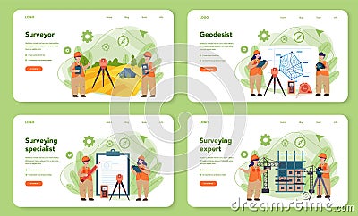 Geodesy science web banner or landing page set. Land surveying Vector Illustration