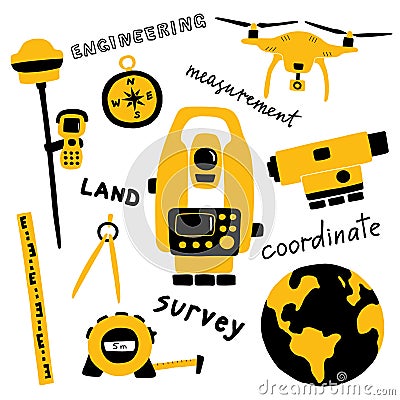 Geodetic measuring equipment, engineering technology for land area survey. Funny doodle hand drawn vector illustration. Vector Illustration