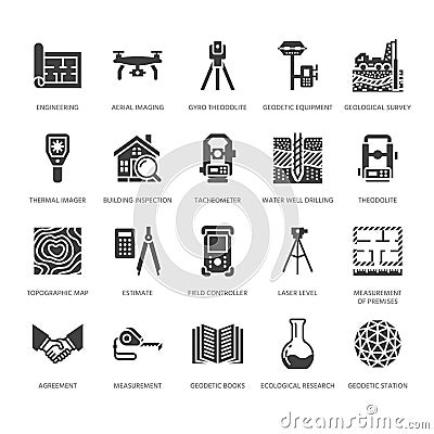 Geodetic survey engineering vector flat glyph icons. Geodesy equipment, tacheometer, theodolite. Geological research Vector Illustration