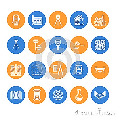 Geodetic survey engineering vector flat glyph icons. Geodesy equipment, tacheometer, theodolite. Geological research Vector Illustration