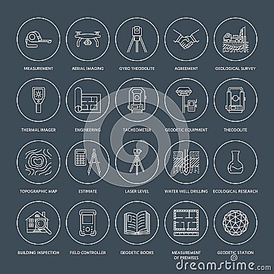 Geodetic survey engineering vector flat line icons. Geodesy equipment, tacheometer, theodolite, tripod. Geological Vector Illustration