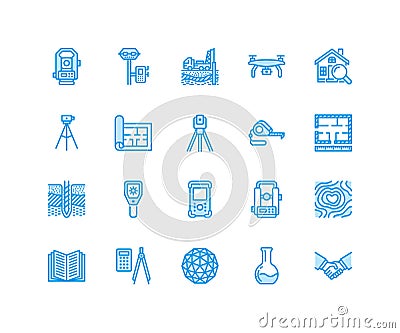 Geodetic survey engineering vector flat line icons. Geodesy equipment, tacheometer, theodolite, tripod. Geological Vector Illustration