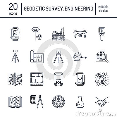 Geodetic survey engineering vector flat line icons. Geodesy equipment, tacheometer, theodolite, tripod. Geological Vector Illustration