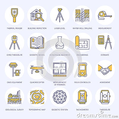 Geodetic survey engineering vector flat line icons. Geodesy equipment, tacheometer, theodolite, tripod. Geological Vector Illustration