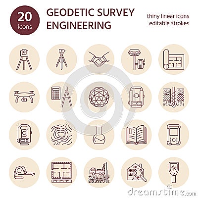 Geodetic survey engineering vector flat line icons. Geodesy equipment, tacheometer, theodolite, tripod. Geological Vector Illustration