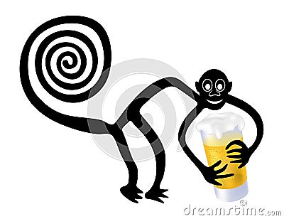 Geoglyph of the Monkey from Nazca with glass of beer Vector Illustration