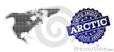 Composition of Halftone Dotted Map of North America and Greenland and Grunge Stamp Watermark Vector Illustration