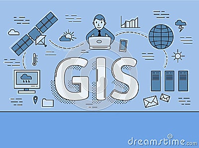 Geographic Information System, GIS flat line concept. Vector illustration on blue background. Horizontal. Vector Illustration