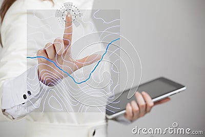 Geographic information systems concept, woman scientist working with futuristic GIS interface on a transparent screen. Stock Photo