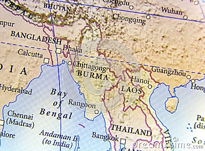 Geographic map of Burma, Bangladesh, and Laos country with important cities Stock Photo