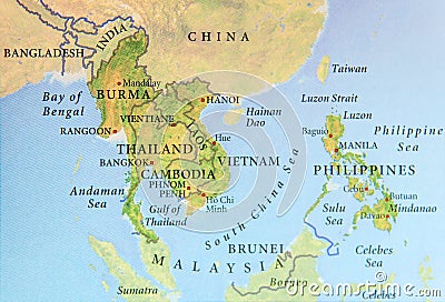 Geographic map of Burma, Thailand, Cambodia, Vietnam and Philippines with important cities Stock Photo