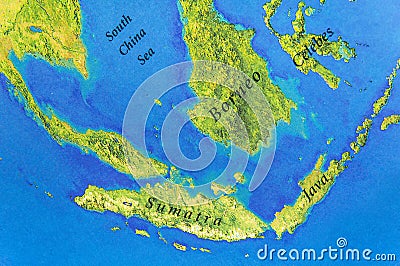 Geographic map of Java, Sumatra, Celebes and Borneo Islands Stock Photo