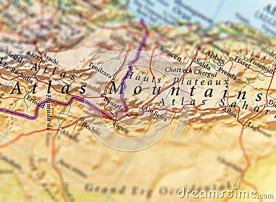 Geographic map of traveler focused on Atlas Mountains Stock Photo