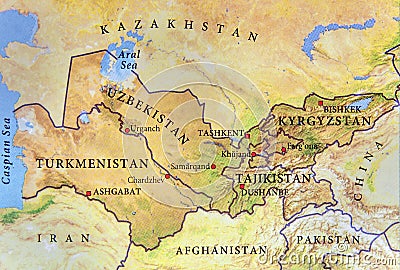 Geographic map of Turkmenistan, Tajikistan, Kyrgyzstan and Uzbekistan with important cities Stock Photo