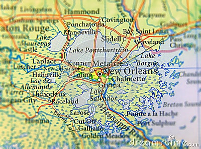 Geographic map of US state Louisiana and New Orleans city close Stock Photo