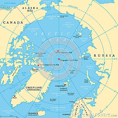 Geographic position of the North Pole of the Earth, political map Vector Illustration