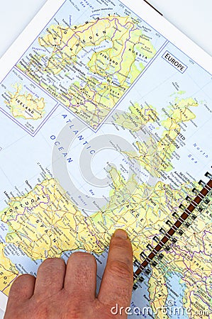 Geographical map of Northern Europe, detailed view of Northern Europe countries, points on the map with a finger Stock Photo