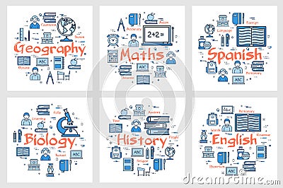 Geography, history, maths, languages and biology. Vector Illustration