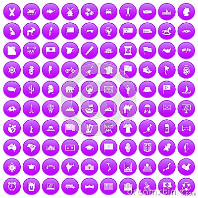 100 geography icons set purple Vector Illustration