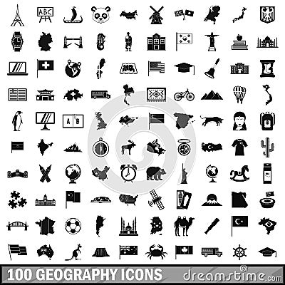 100 geography icons set, simple style Vector Illustration